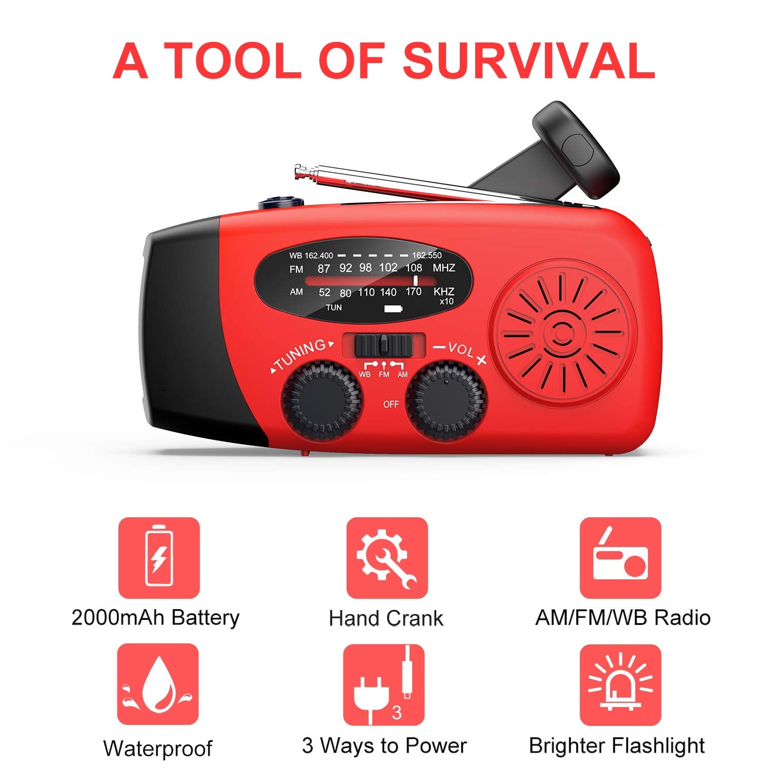 Qunler NOAA Weather Emergency Radio, 7400mWh/2000mAh AM/FM/WB Hand Crank Solar Radio, Portable Power Bank, Weather Alert, Flashlight for Outdoor Use