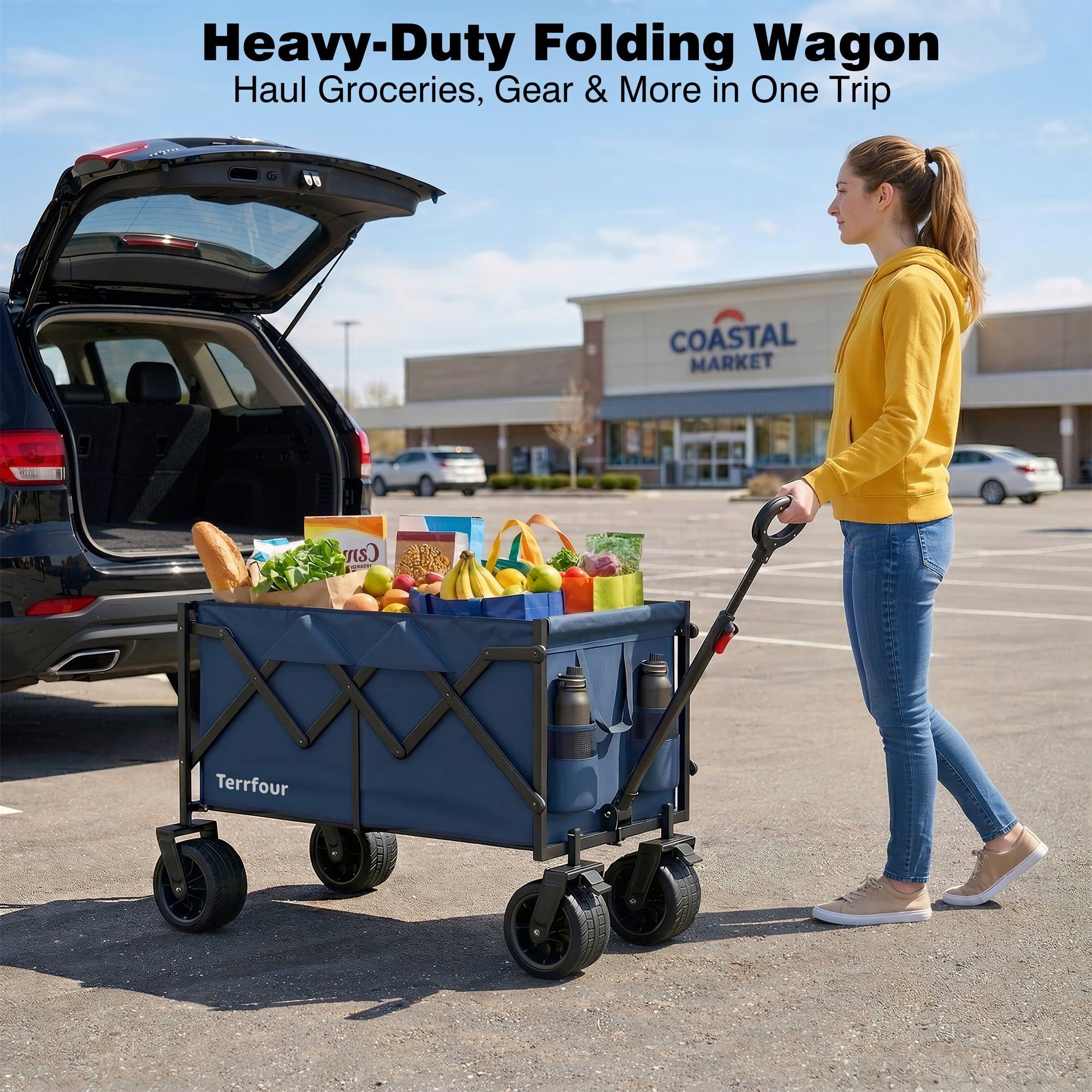 Terrfour Collapsible Wagon Cart with Tank Wheels, 580LBS Heavy Duty Folding Beach Wagon for Camping Garden Sports Shopping, Navy Blue