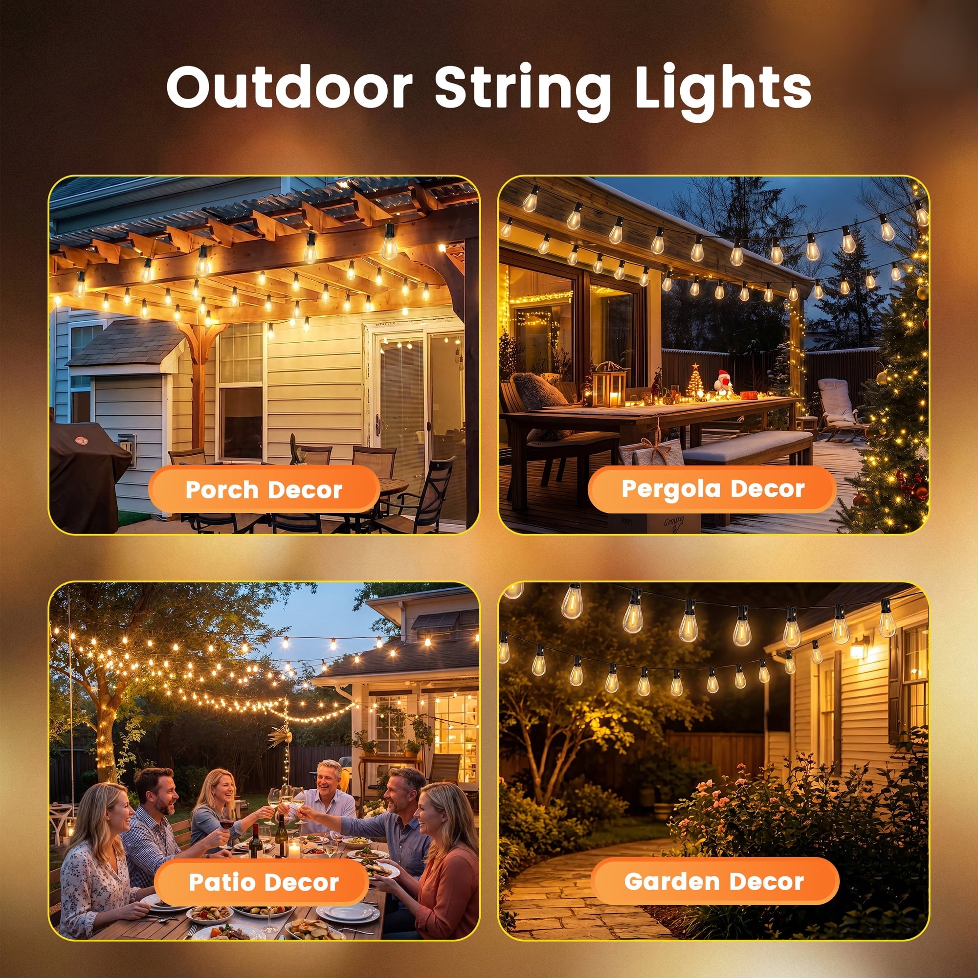 Mylorn Solar Outdoor String Lights 120FT（60FT*2), ST38 LED Bulbs 50+2, 2700K Warm White Dimmable with Remote, 3 Modes, 2FT Spacing, IP65 Waterproof Patio Lights for Balcony Cafe Yard Garden Decor