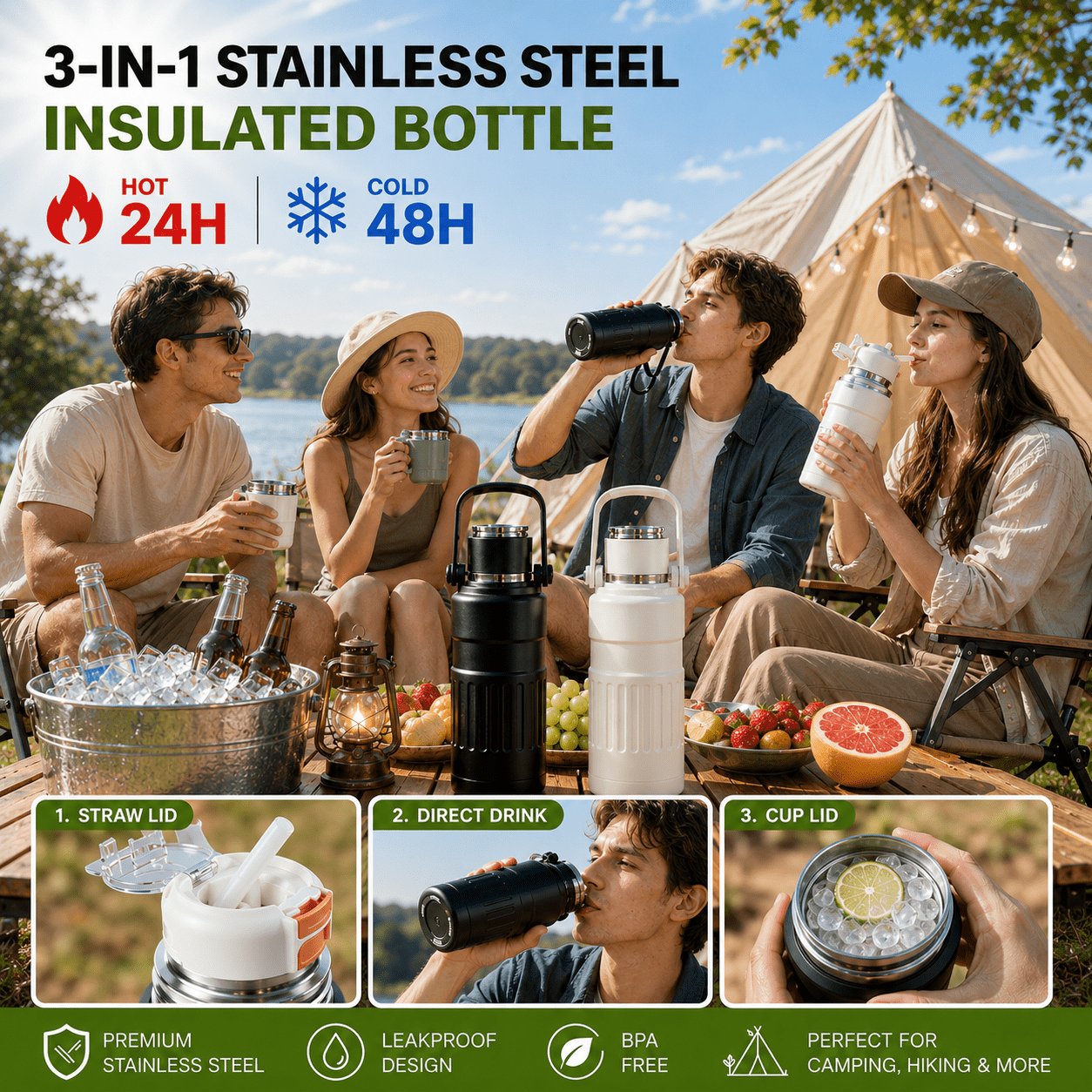 3-in-1 Insulated Water Bottle, 34oz Leakproof Stainless Steel Thermos with Straw & Spout Lid, 316 Stainless Steel Interior, Handle & Adjustable Strap for Work, Gym, Travel & Hot or Cold Drinks