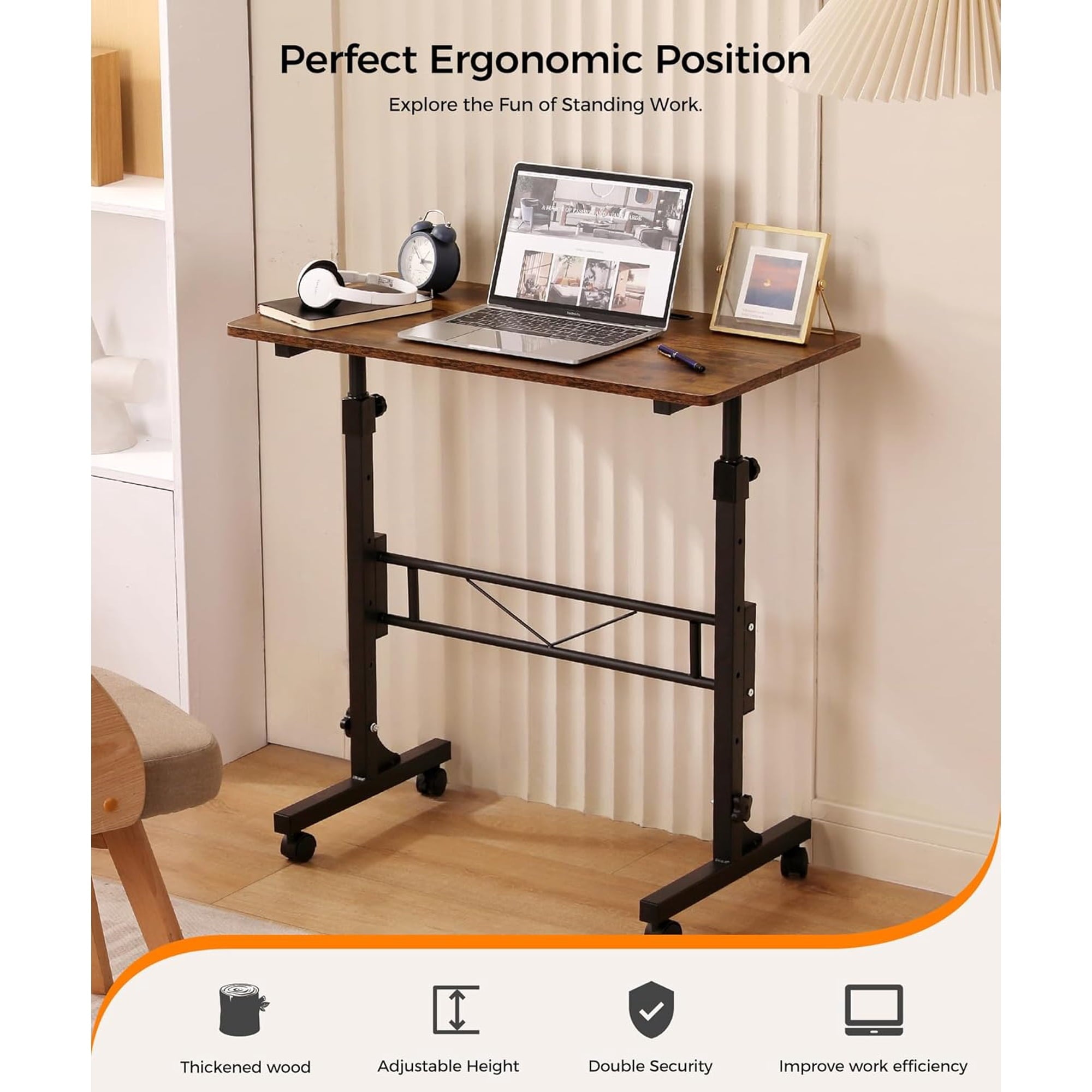 KLSMYHOKI Standing Desk Adjustable Height, Mobile Stand Up Desk with Wheels Small Computer Desk Rolling Desk, Portable Laptop Desk Rustic Standing Table Home Office Desks 16"x31.5" Height 27"-43.5"