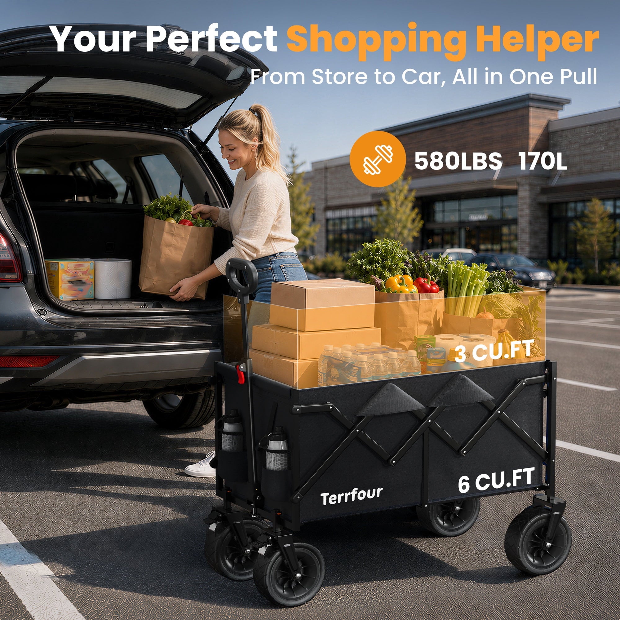 Terrfour Collapsible Folding Wagon, 580LBS Portable Heavy Duty Utility Cart for Grocery, Shopping, Garden, Sports, Camping, Black