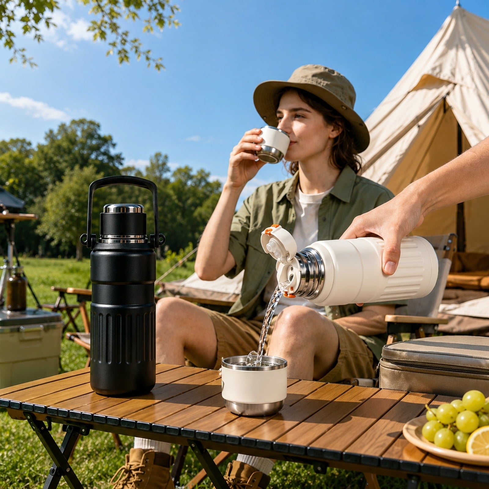 3-in-1 Insulated Water Bottle, 34oz Leakproof Stainless Steel Thermos with Straw & Spout Lid, 316 Stainless Steel Interior(Beige), Handle & Adjustable Strap for Work, Gym, Travel & Hot or Cold Drinks