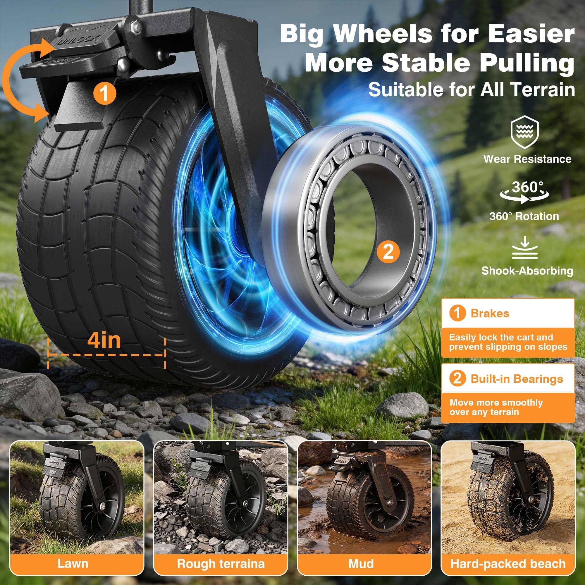 Terrfour Collapsible Wagon Cart with Tank Wheels, 580LBS Heavy Duty Folding Beach Wagon with Side Pocket for Camping Garden Sports Shopping, Black