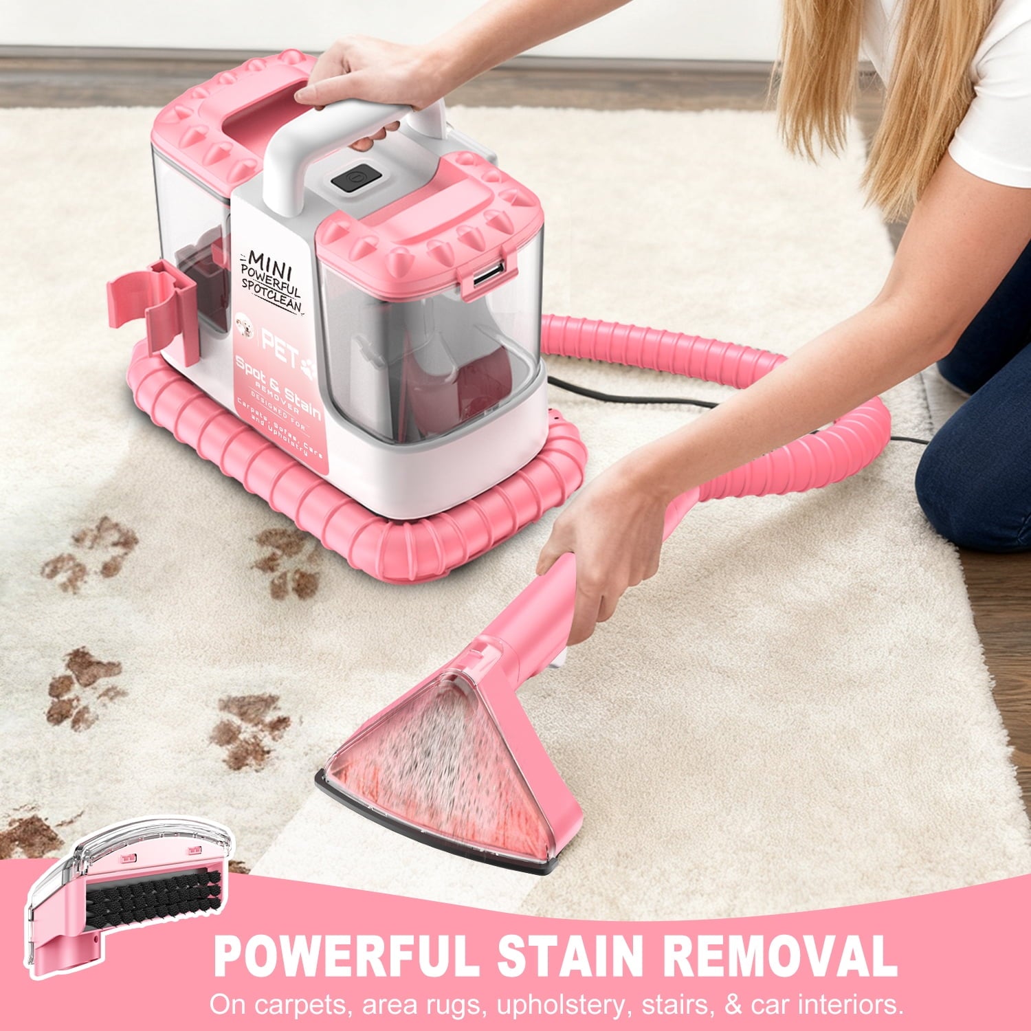 SUXIANGVAC Portable Carpet and Upholstery Spot Cleaner Machine, 30Kpa Powerful Suction with 5 Cleaning Tools, 17oz Cleaning Solution, Lightweight Compact Design, Deep Clean for Car, Home, Pink