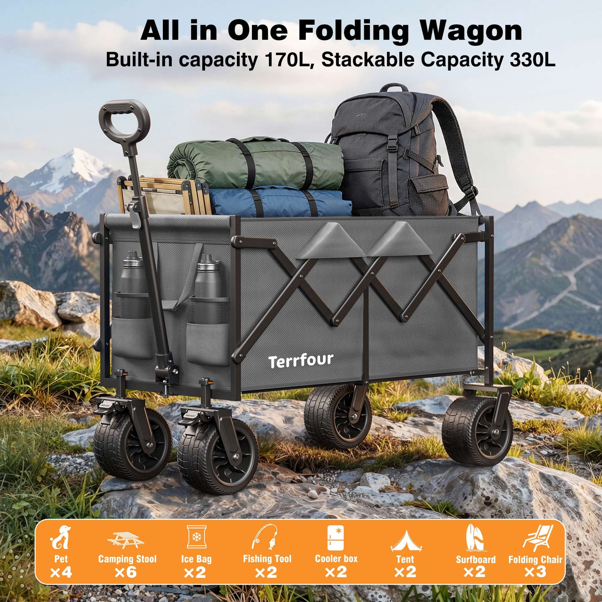 580LBS Portable Foldable Wagon Cart, Collapsible Utility Heavy Duty Wagons Carts for Grocery Sports Garden Shopping Camping,Gray