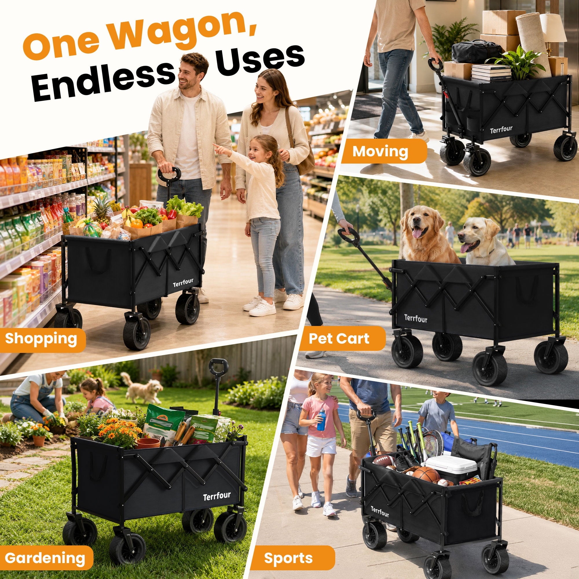 Terrfour Collapsible Folding Wagon, 580LBS Portable Heavy Duty Utility Cart for Grocery, Shopping, Garden, Sports, Camping, Black