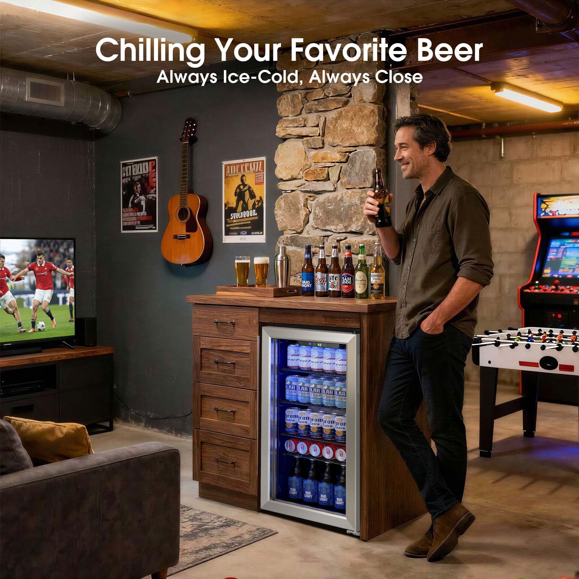 Qunler 130 Can Beverage Cooler Refrigerator with Glass Door for Beer Soda Water, Drink Fridge for Home Bar, Silver
