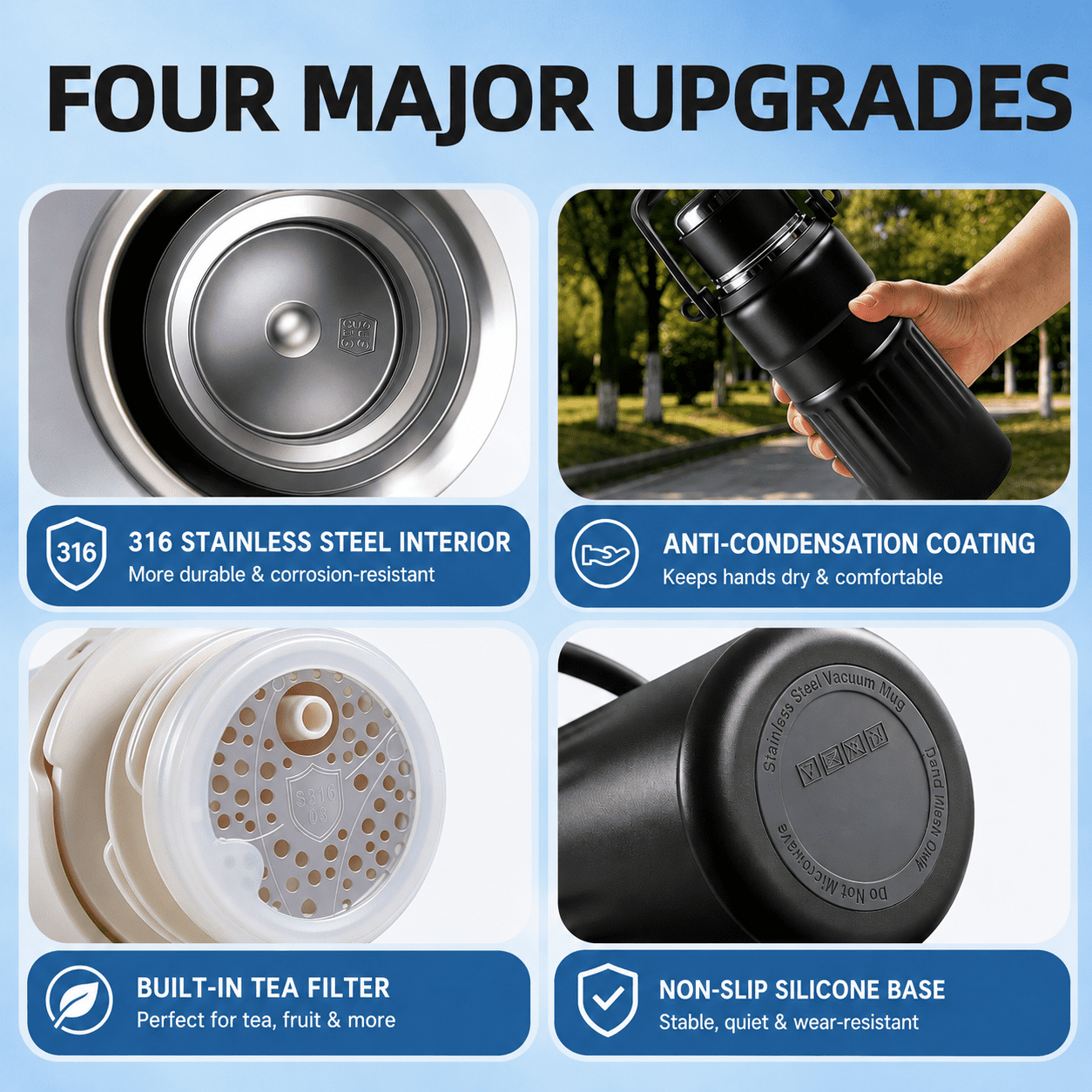3-in-1 Insulated Water Bottle, 34oz Leakproof Stainless Steel Thermos with Straw & Spout Lid, 316 Stainless Steel Interior, Handle & Adjustable Strap for Work, Gym, Travel & Hot or Cold Drinks