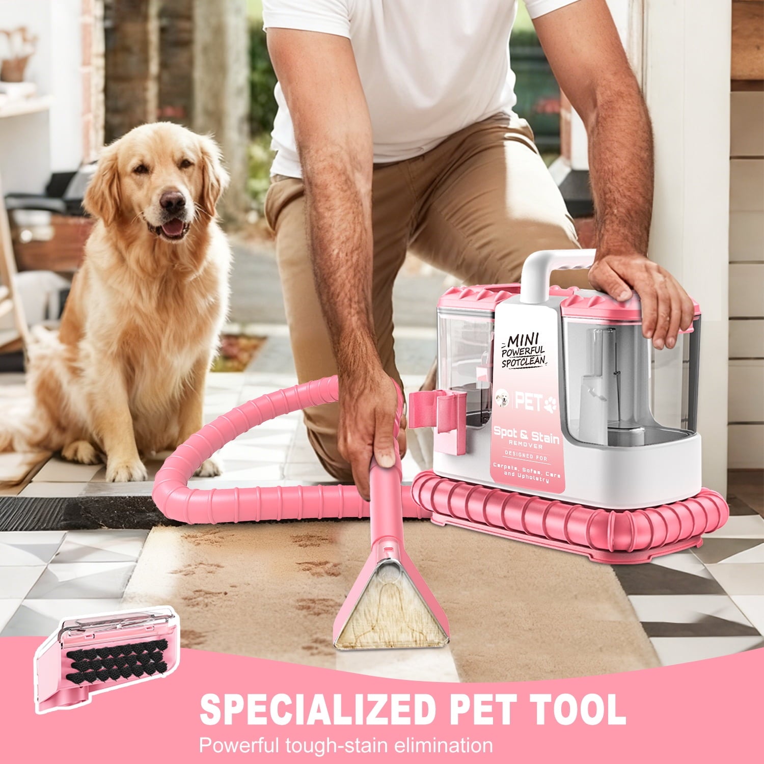SUXIANGVAC Portable Carpet and Upholstery Spot Cleaner Machine, 30Kpa Powerful Suction with 5 Cleaning Tools, 17oz Cleaning Solution, Lightweight Compact Design, Deep Clean for Car, Home, Pink