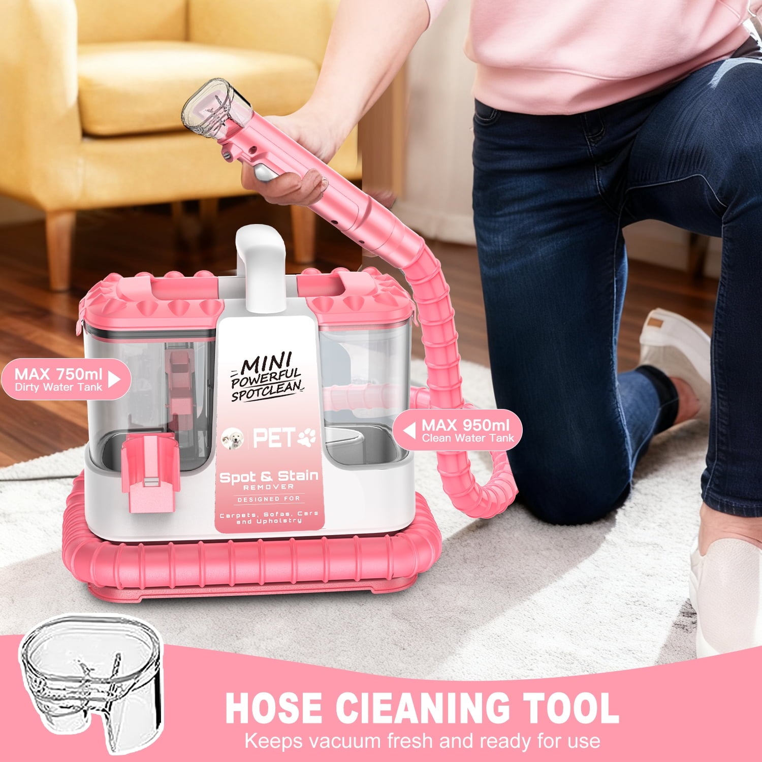 SUXIANGVAC Portable Carpet and Upholstery Spot Cleaner Machine, 30Kpa Powerful Suction with 5 Cleaning Tools, 17oz Cleaning Solution, Lightweight Compact Design, Deep Clean for Car, Home, Pink