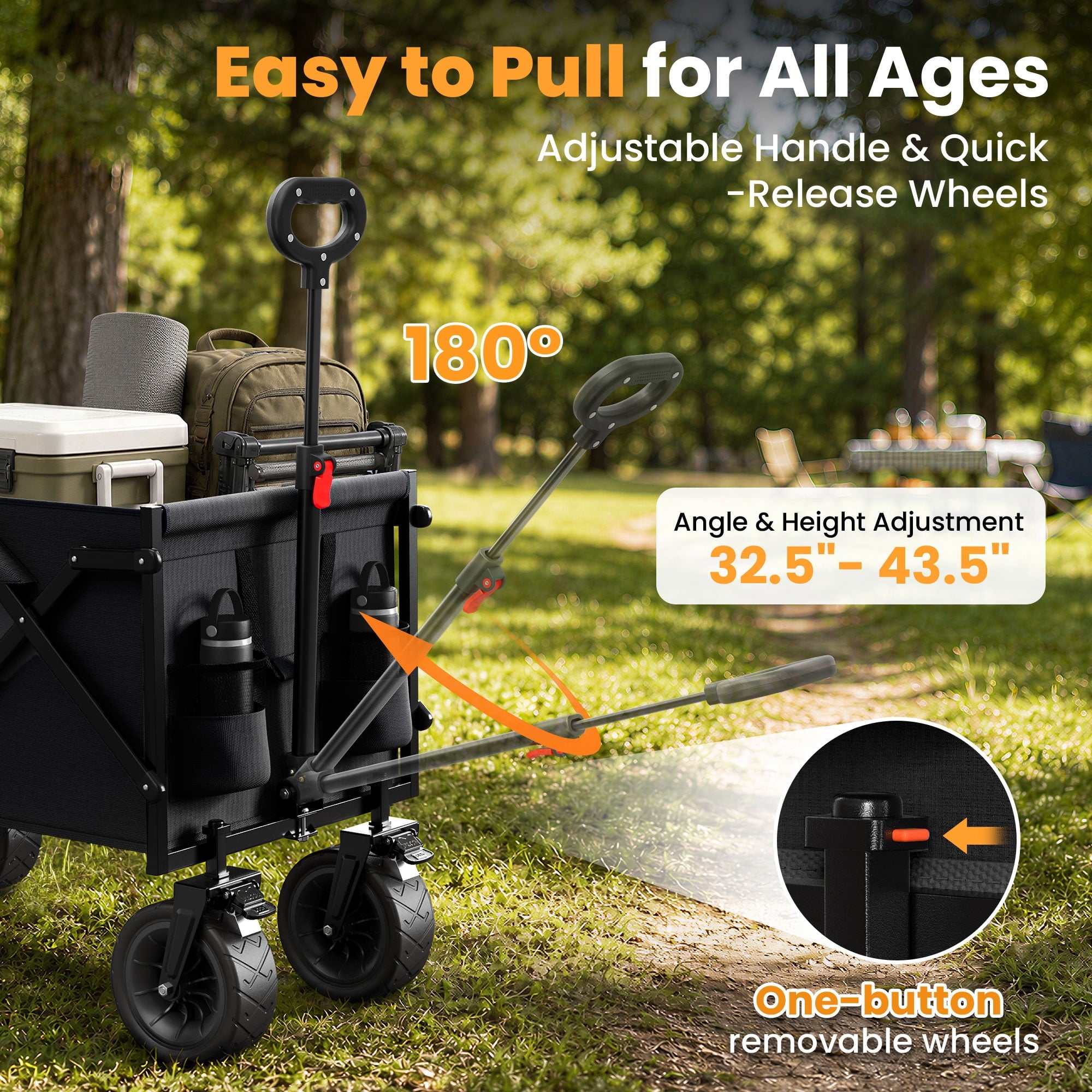 Terrfour Collapsible Folding Wagon, 580LBS Portable Heavy Duty Utility Cart for Grocery, Shopping, Garden, Sports, Camping, Black