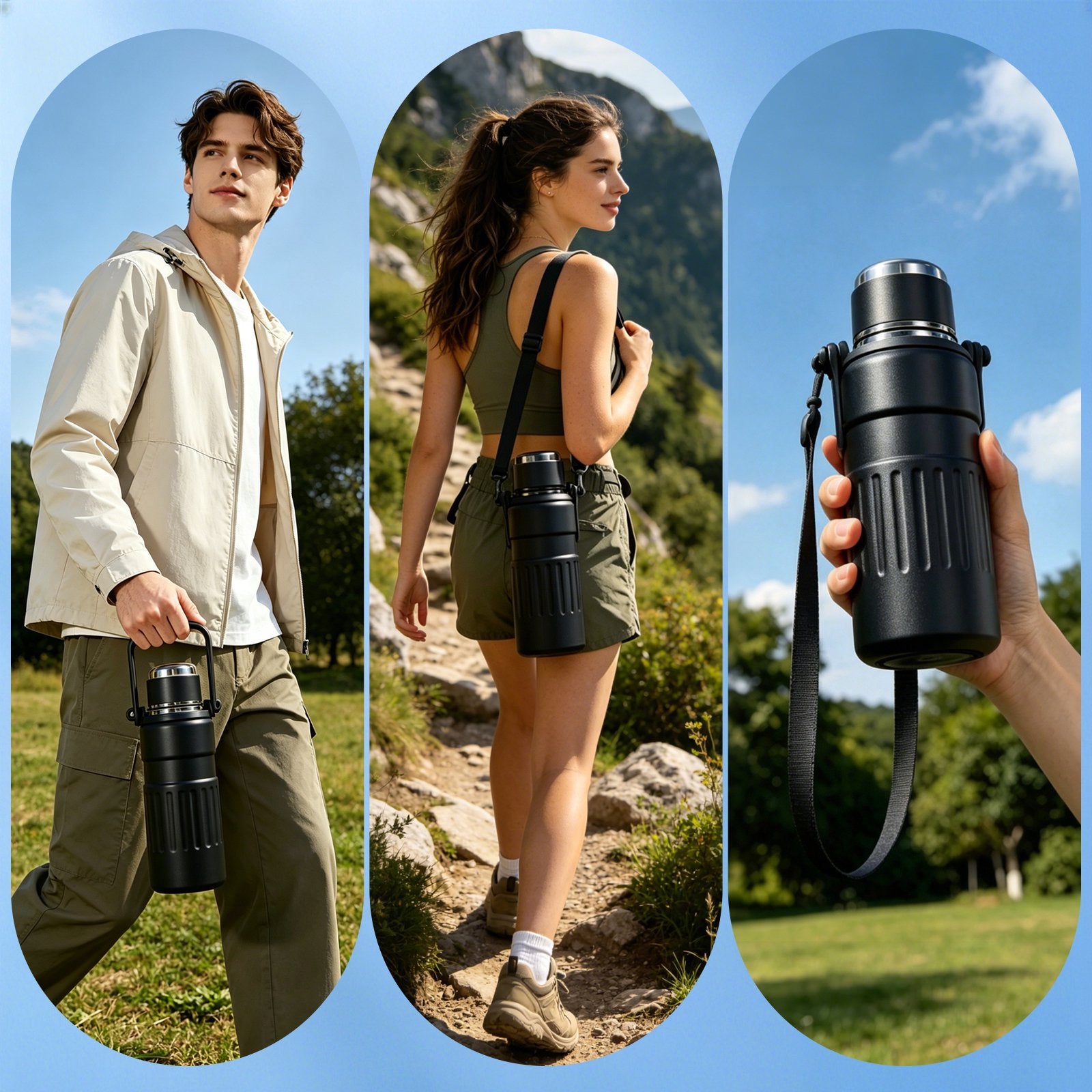 3-in-1 Insulated Water Bottle, 34oz Leakproof Stainless Steel Thermos with Straw & Spout Lid, 316 Stainless Steel Interior, Handle & Adjustable Strap for Work, Gym, Travel & Hot or Cold Drinks