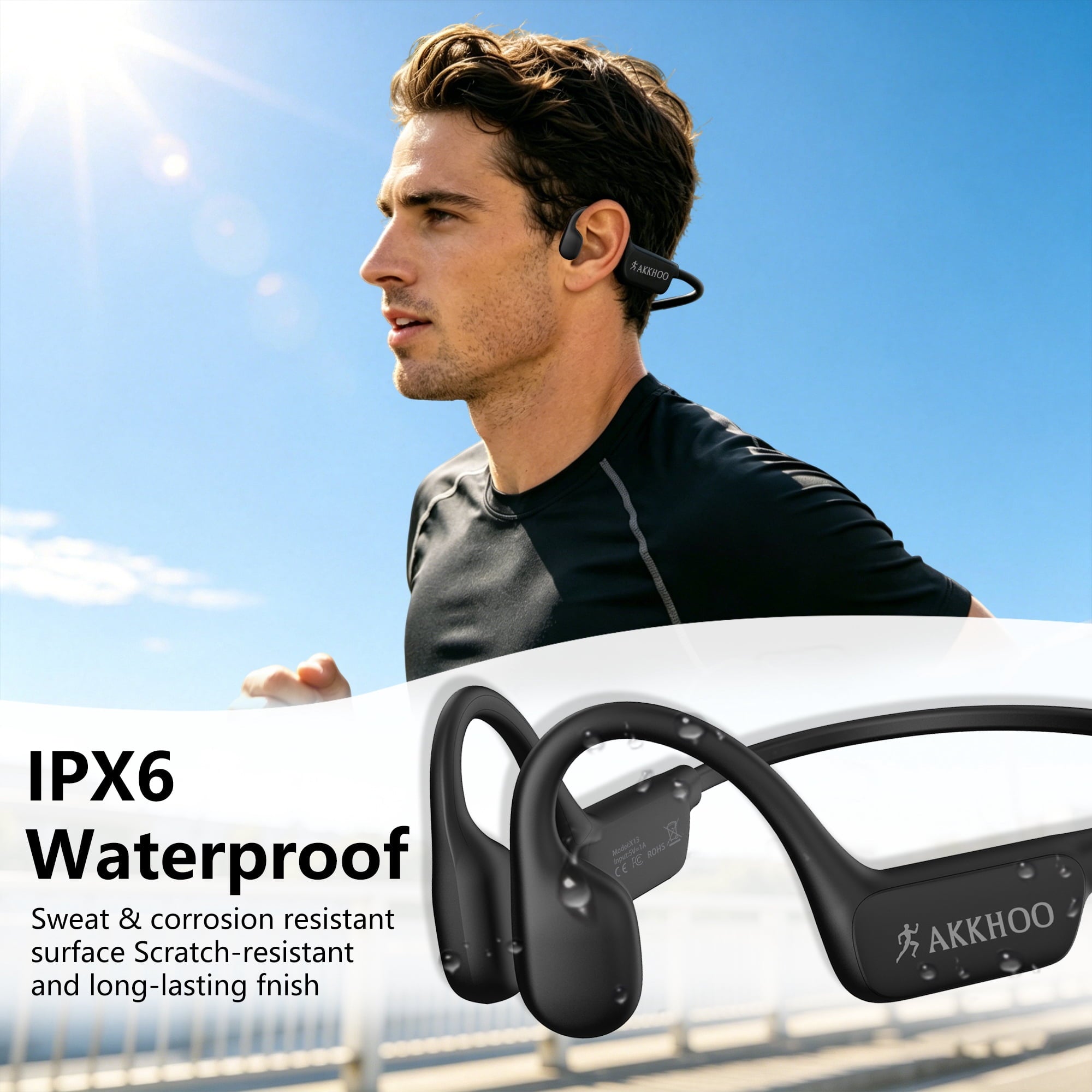 AKKHOO Open Ear Bone Conduction Headphones, Wireless Bluetooth Headphones with Enc Mic, 12H Playtime, IPX6 Waterproof, Secure & Comfort Fit for Workout & Sports