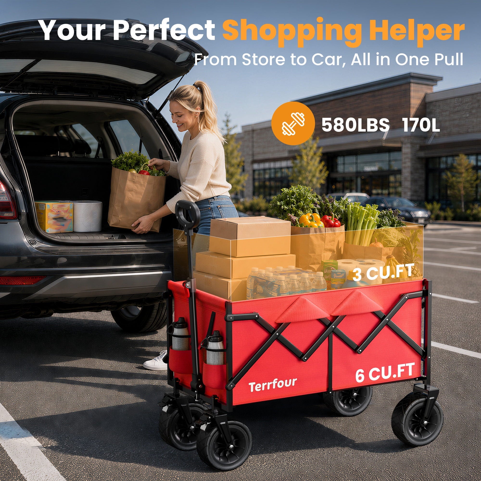 Terrfour 580LBS Collapsible Folding Wagon, Heavy Duty Utility Cart for Grocery, Shopping, Garden, Sports, Camping, Red