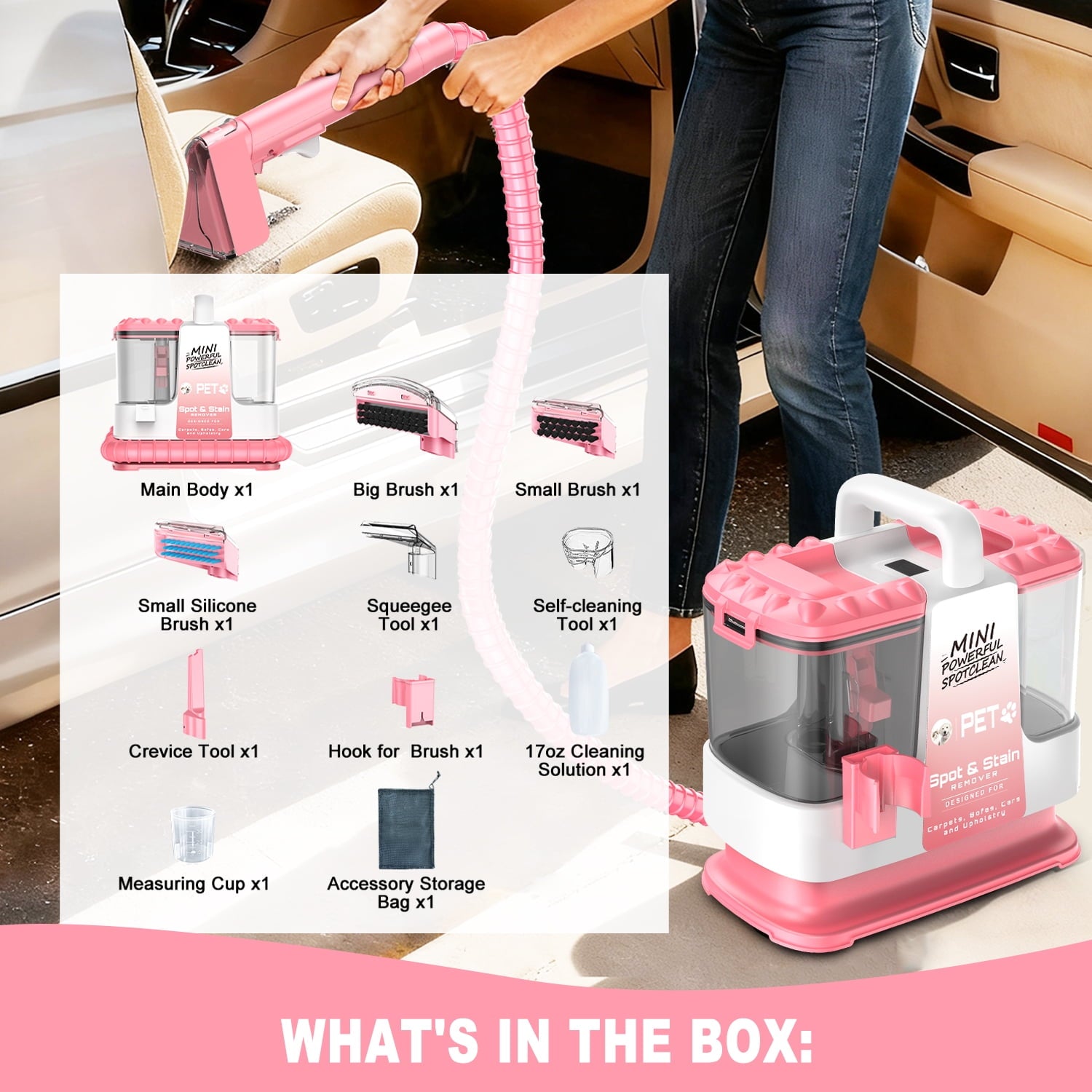 SUXIANGVAC Portable Carpet and Upholstery Spot Cleaner Machine, 30Kpa Powerful Suction with 5 Cleaning Tools, 17oz Cleaning Solution, Lightweight Compact Design, Deep Clean for Car, Home, Pink