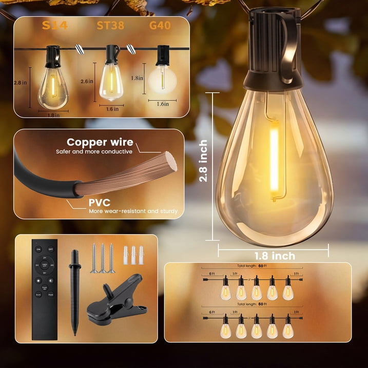 Mylorn Solar Outdoor String Lights 120FT(60FT*2), S14 LED Bulbs 50+2, 2700K Warm White Dimmable with Remote, 3 Modes, 2FT Spacing, Patio Lights for Balcony Cafe Yard Garden Decor