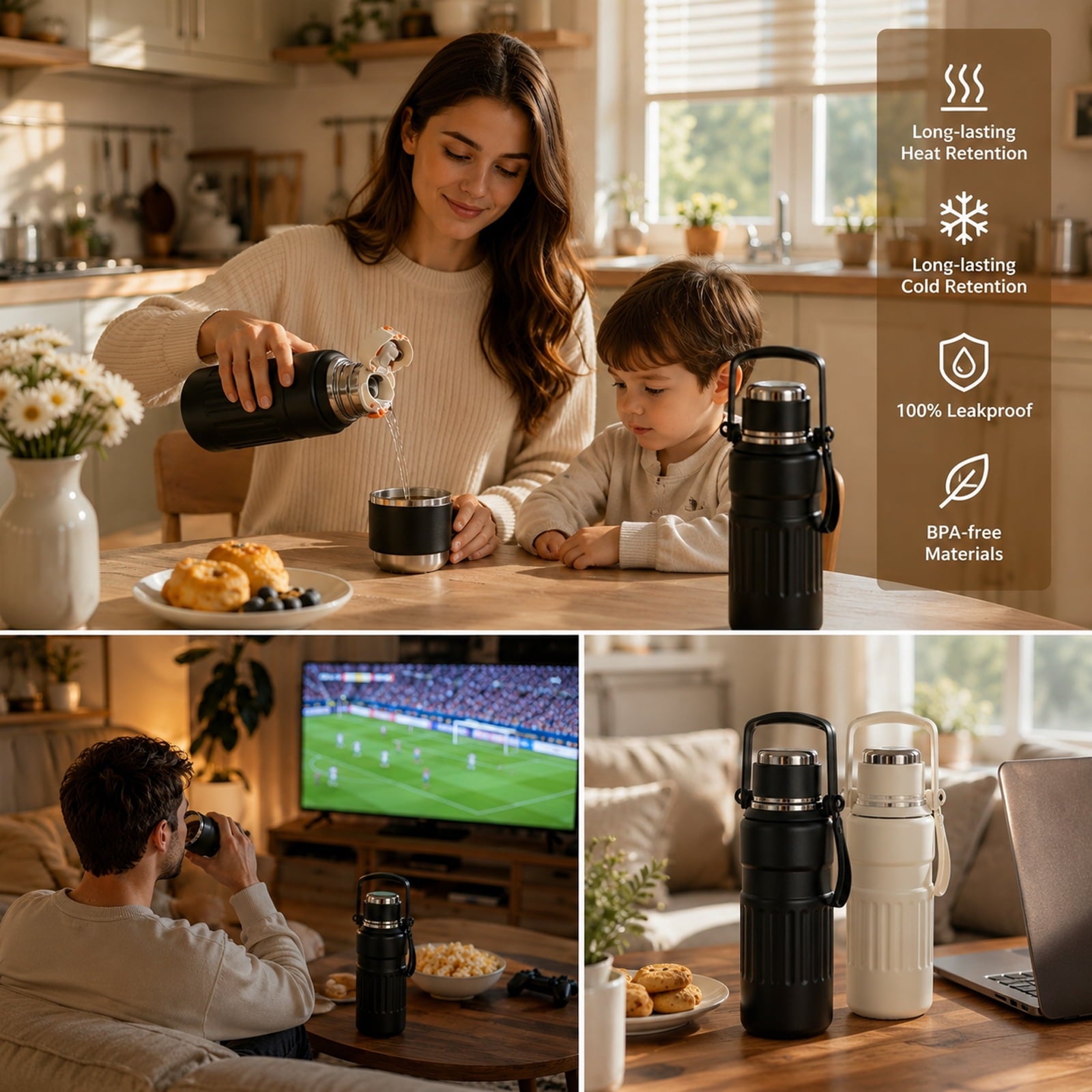3-in-1 Insulated Water Bottle, 34oz Leakproof Stainless Steel Thermos with Straw & Spout Lid, 316 Stainless Steel Interior(Beige), Handle & Adjustable Strap for Work, Gym, Travel & Hot or Cold Drinks