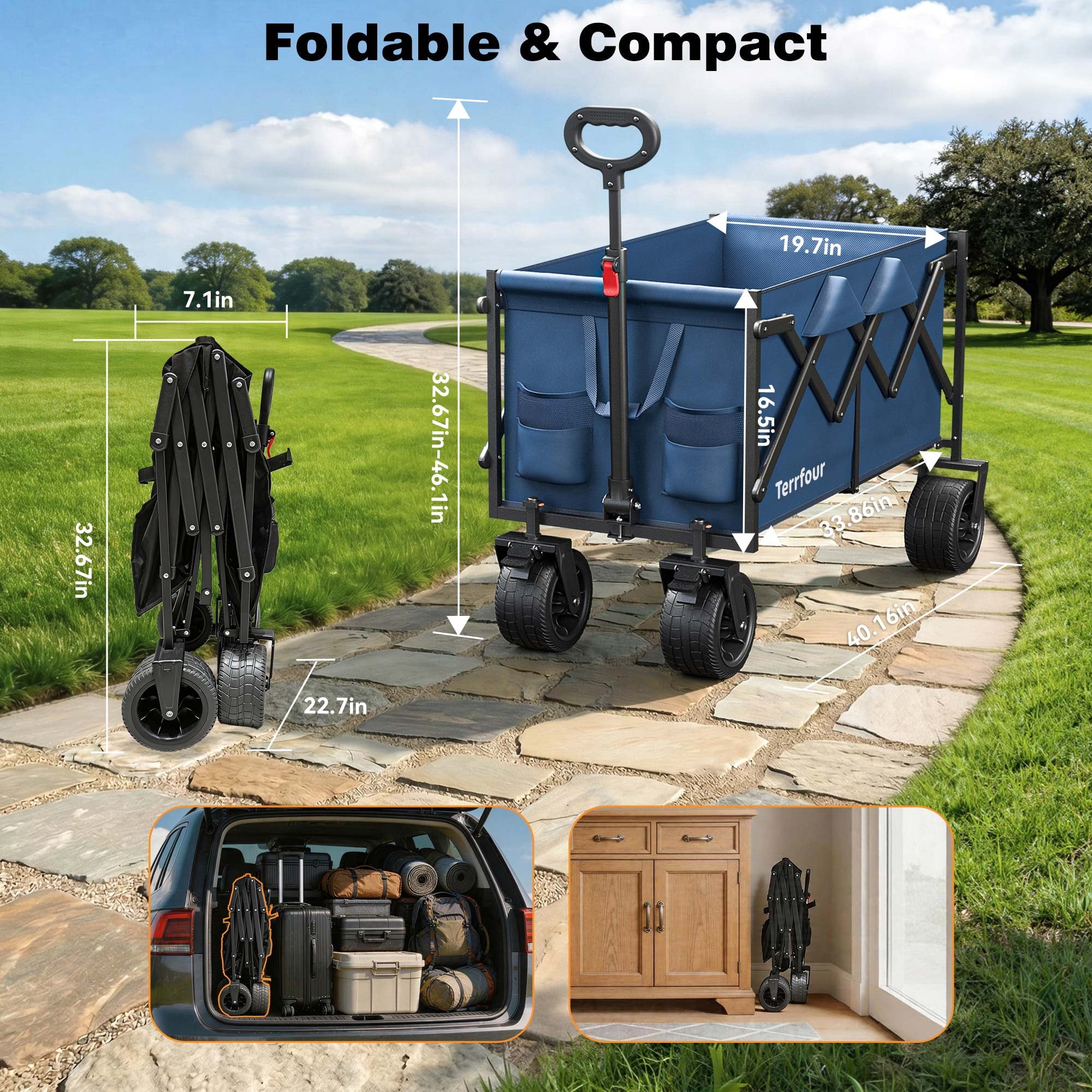 Terrfour Collapsible Wagon Cart with Tank Wheels, 580LBS Heavy Duty Folding Beach Wagon for Camping Garden Sports Shopping, Navy Blue
