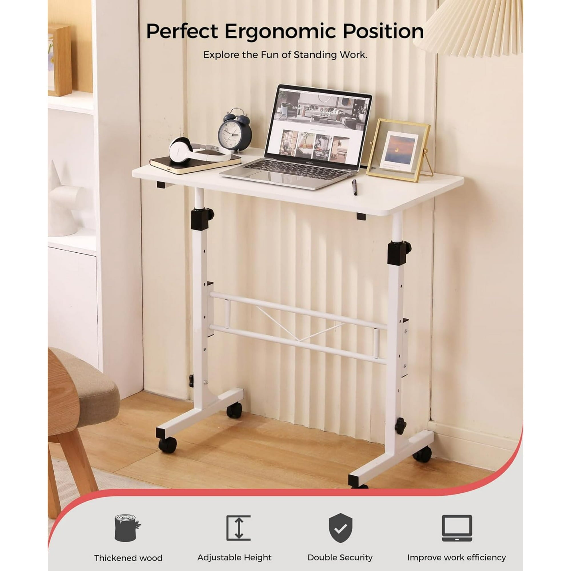 KLSMYHOKI Standing Desk Adjustable Height, Mobile Stand Up Desk with Wheels Small Computer Desk Rolling Desk, Portable Laptop Desk White Standing Table Home Office Desks 16"x31.5" Height 27"-43.5"