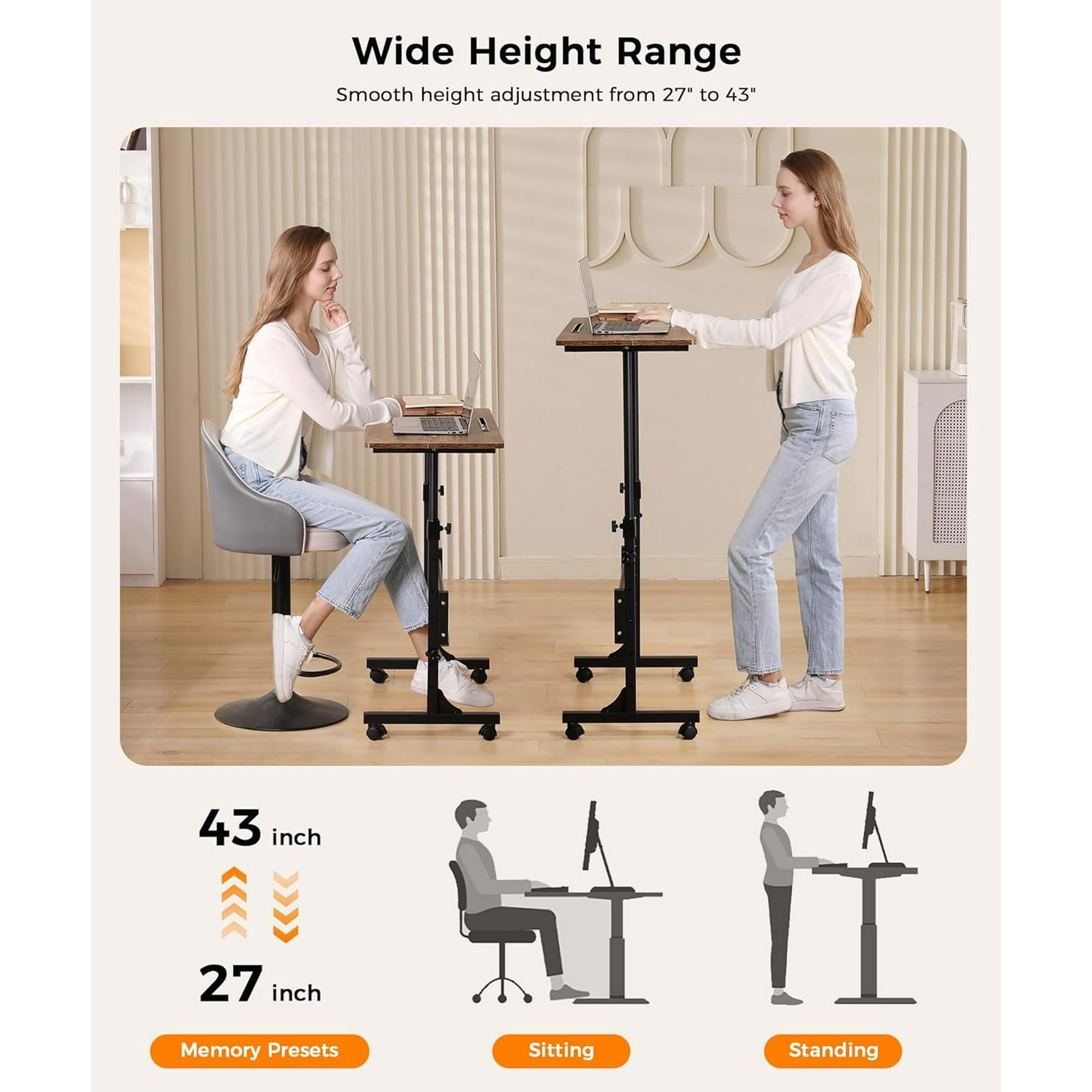 KLSMYHOKI Standing Desk Adjustable Height, Mobile Stand Up Desk with Wheels Small Computer Desk Rolling Desk, Portable Laptop Desk Rustic Standing Table Home Office Desks 16"x31.5" Height 27"-43.5"