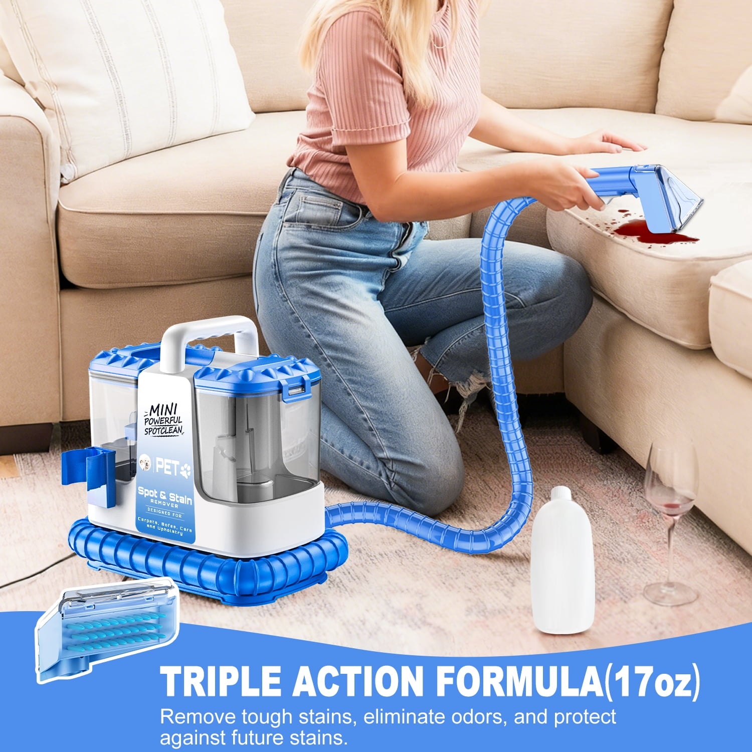 SUXIANGVAC Portable Carpet and Upholstery Spot Cleaner Machine, 30Kpa Powerful Suction with 5 Cleaning Tools, 17oz Cleaning Solution, Lightweight Compact Design, Deep Clean for Car, Home, Blue