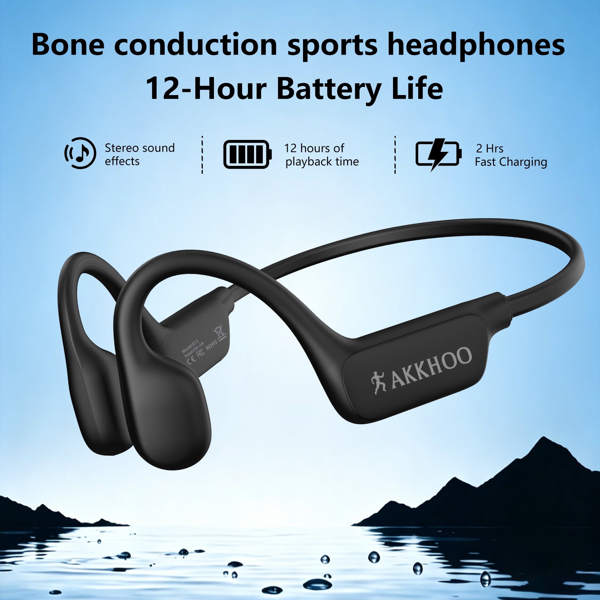 AKKHOO Open Ear Bone Conduction Headphones, Wireless Bluetooth Headphones with Enc Mic, 12H Playtime, IPX6 Waterproof, Secure & Comfort Fit for Workout & Sports