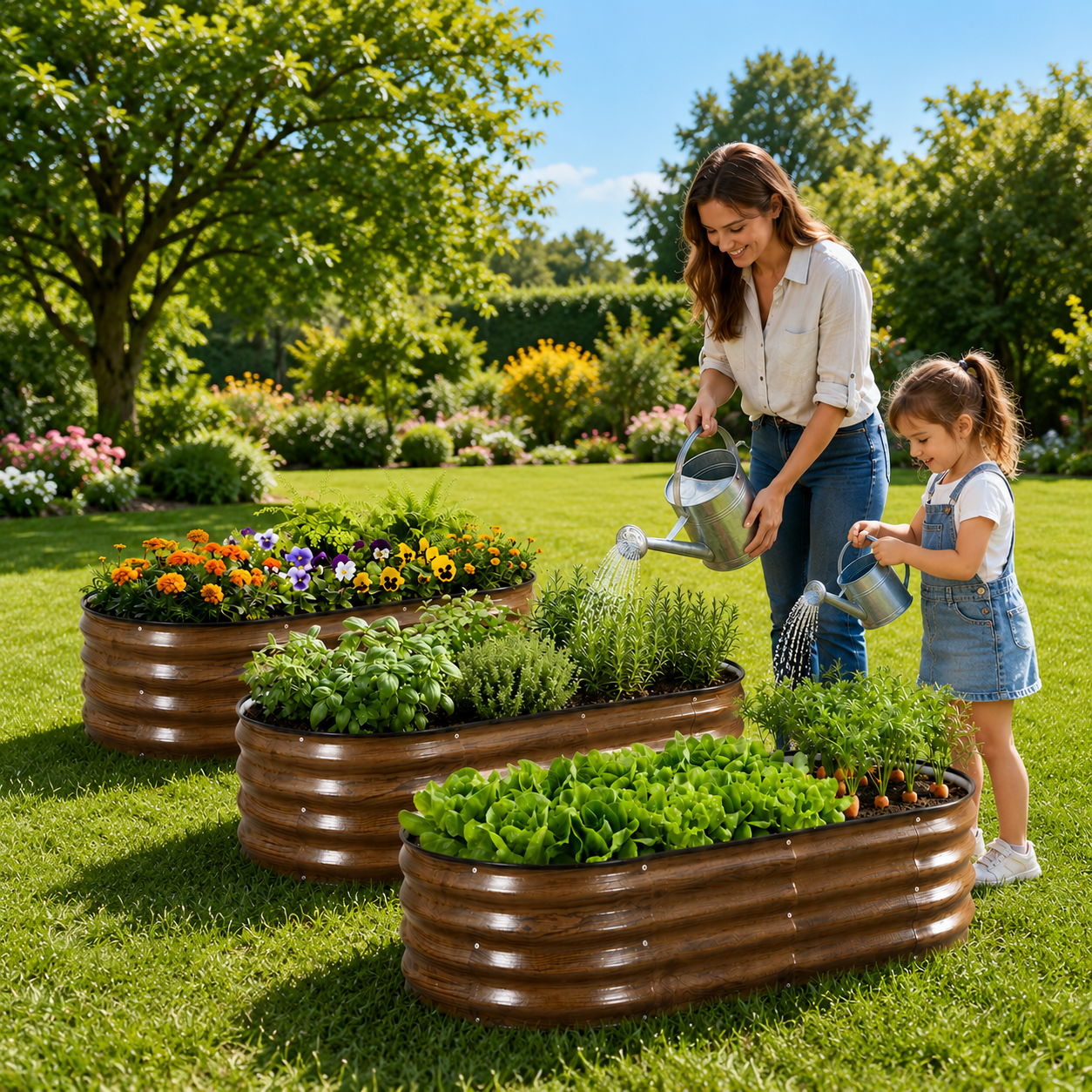 2 Pack 4x2x1 FT Galvanized Raised Garden Bed with Rubber Strip Edging, Metal Raised Planters Box for Gardening,Easy Assembly Garden Bed Kit,Brown